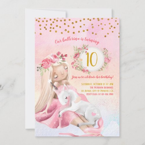 Girl And Baby Unicorn Birthday Party Invitation