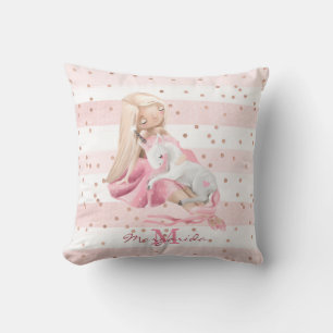 Girl And Baby Unicorn Throw Pillow