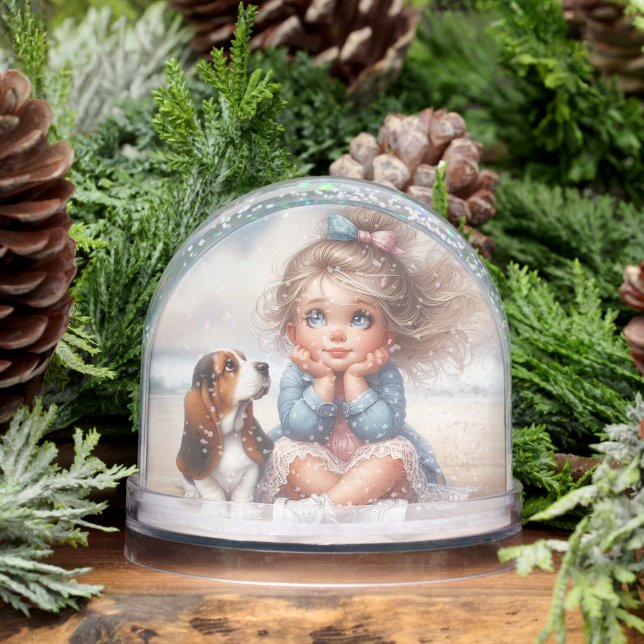 Girl and Basset Hound Puppy Snow Globe (Winter)