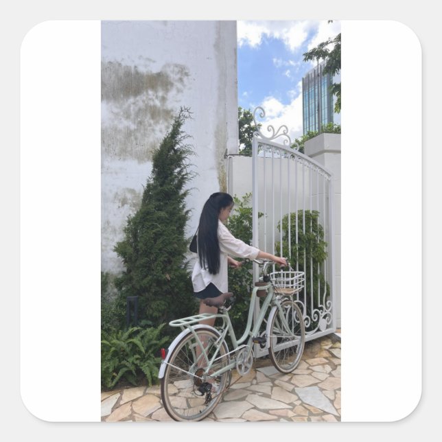 girl and bicycle square sticker (Front)