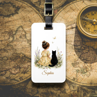 Girl and Black Cat Luggage Tag