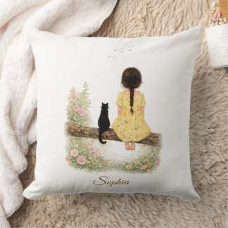Girl and Black Cat on Branch Throw Pillow