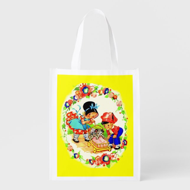 girl and boy and kitten and puppy grocery bag (Front)