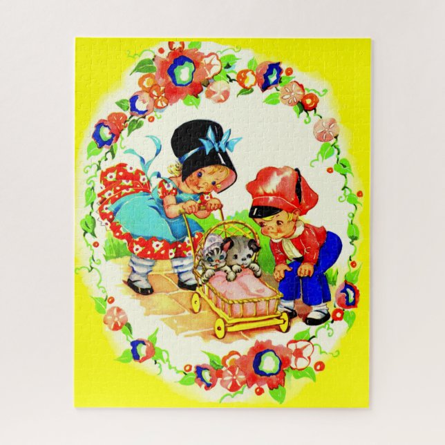 girl and boy and kitten and puppy jigsaw puzzle (Vertical)
