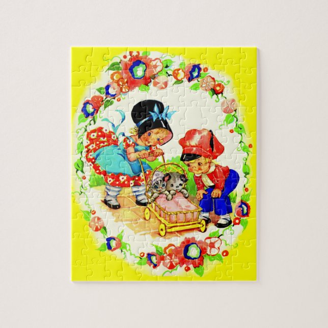 girl and boy and kitten and puppy jigsaw puzzle (Vertical)