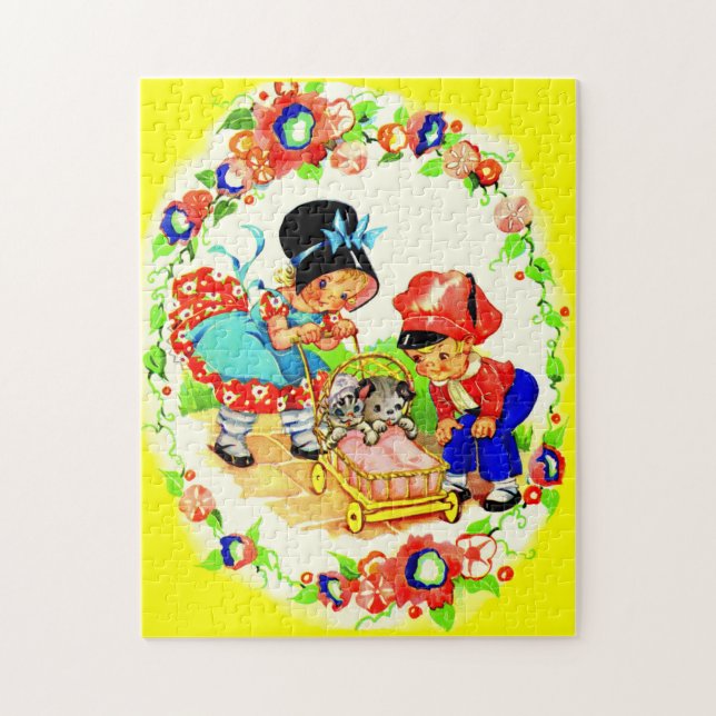 girl and boy and kitten and puppy jigsaw puzzle (Vertical)