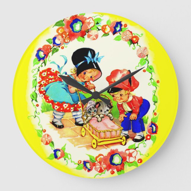 girl and boy and kitten and puppy large clock (Front)