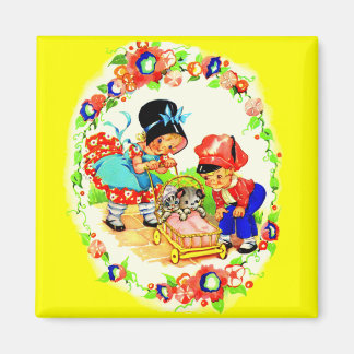 girl and boy and kitten and puppy magnet