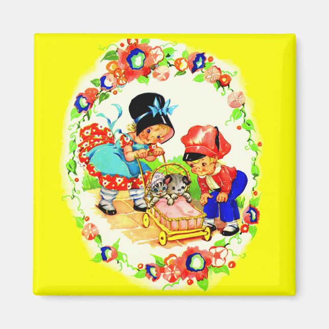 girl and boy and kitten and puppy magnet (Front)