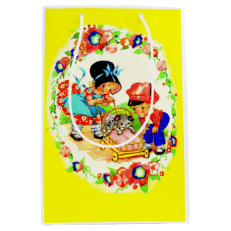 girl and boy and kitten and puppy medium gift bag