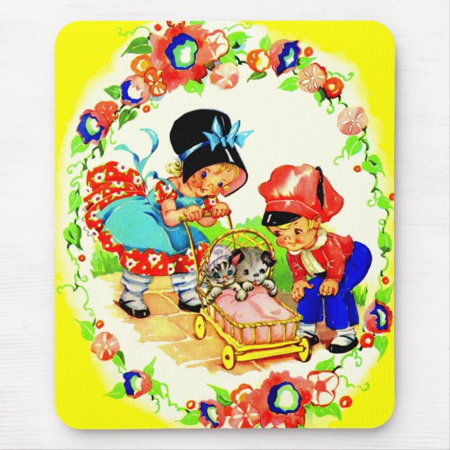 girl and boy and kitten and puppy mouse pad (Front)
