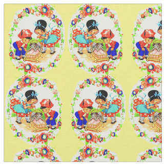 girl and boy and kitten and puppy print fabric