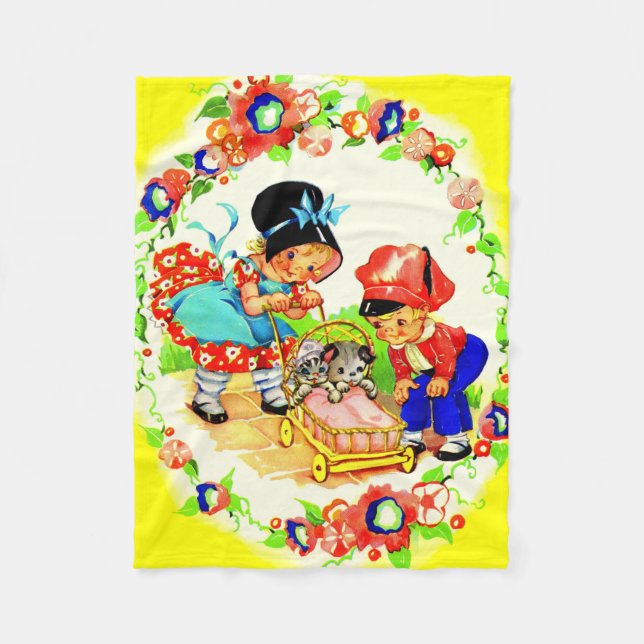 girl and boy and kitten and puppy print fleece blanket (Front)