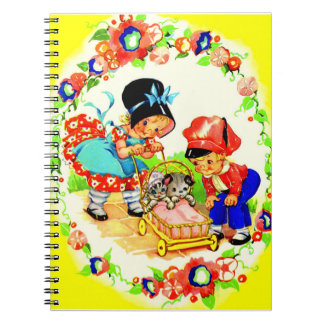 girl and boy and kitten and puppy print notebook