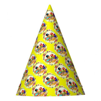 girl and boy and kitten and puppy print party hat
