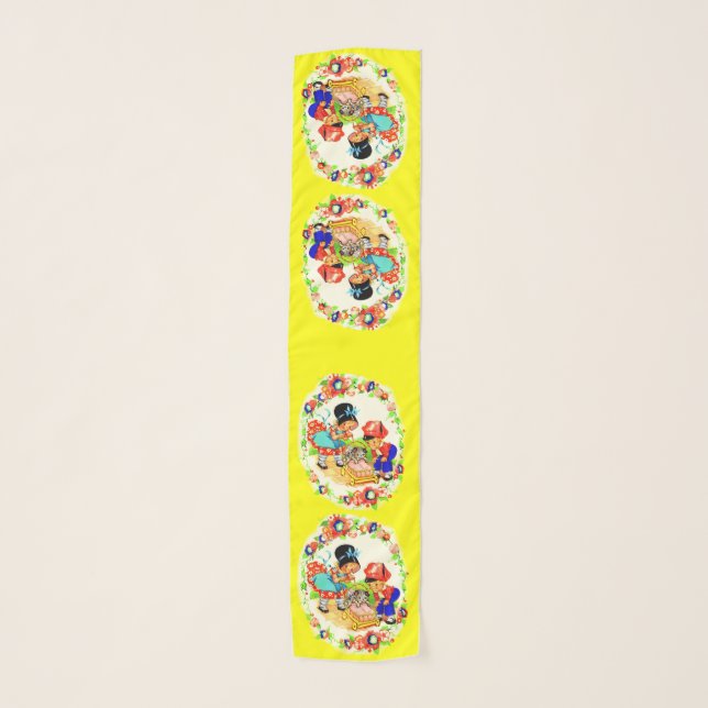 girl and boy and kitten and puppy print scarf (Front)