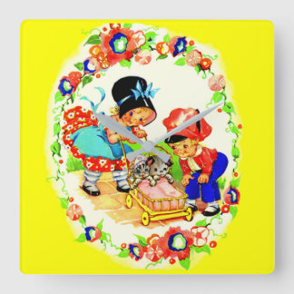 girl and boy and kitten and puppy print square wall clock