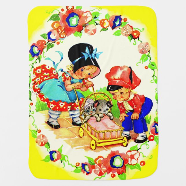 girl and boy and kitten and puppy print stroller blanket (Front)
