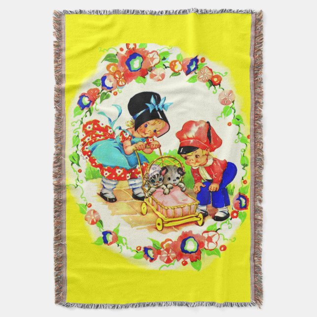 girl and boy and kitten and puppy print throw blanket (Front Vertical)