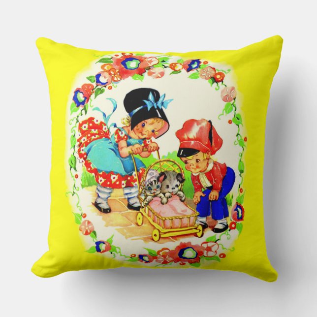 girl and boy and kitten and puppy print throw pillow (Front)