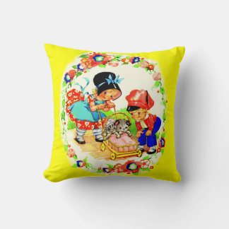 girl and boy and kitten and puppy print throw pillow
