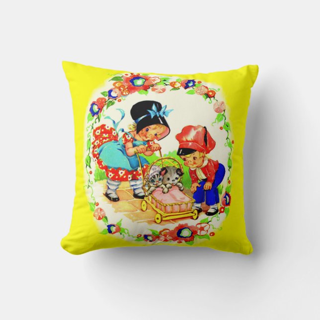 girl and boy and kitten and puppy print throw pillow (Front)