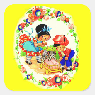 girl and boy and kitten and puppy square sticker