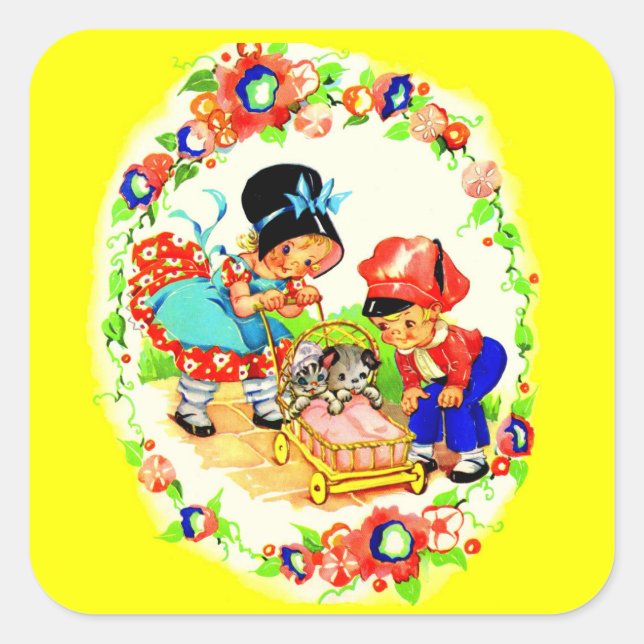 girl and boy and kitten and puppy square sticker (Front)