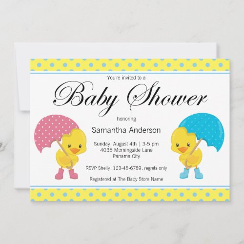 Girl and Boy Ducky with Umbrella Baby Shower  Invitation