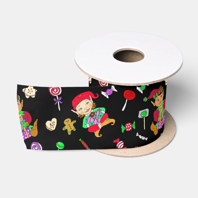 Girl and Boy Elves and Christmas Candy Whimsical Satin Ribbon (Spool)