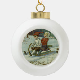 Girl and boy enjoy a sleigh ride illustration ceramic ball christmas ornament