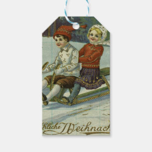 Girl and boy enjoy a sleigh ride illustration gift tags