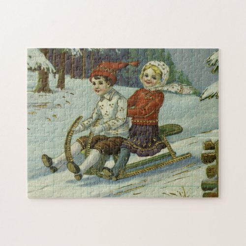 Girl and boy enjoy a sleigh ride illustration jigsaw puzzle