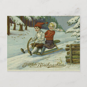 Christmas Kids Sledding Lillian Vernon Post Card Unused Children playing in snow 