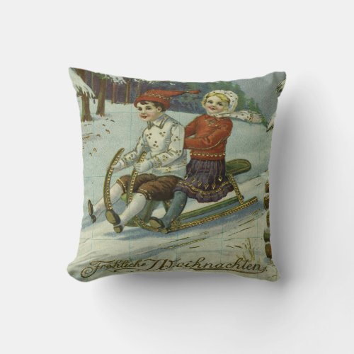 Girl and boy enjoy a sleigh ride illustration throw pillow