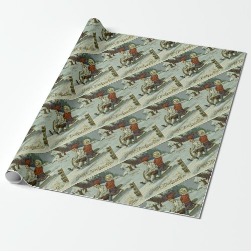 Girl and boy enjoy a sleigh ride illustration wrapping paper