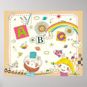 Girl and boy playing by blackboard poster