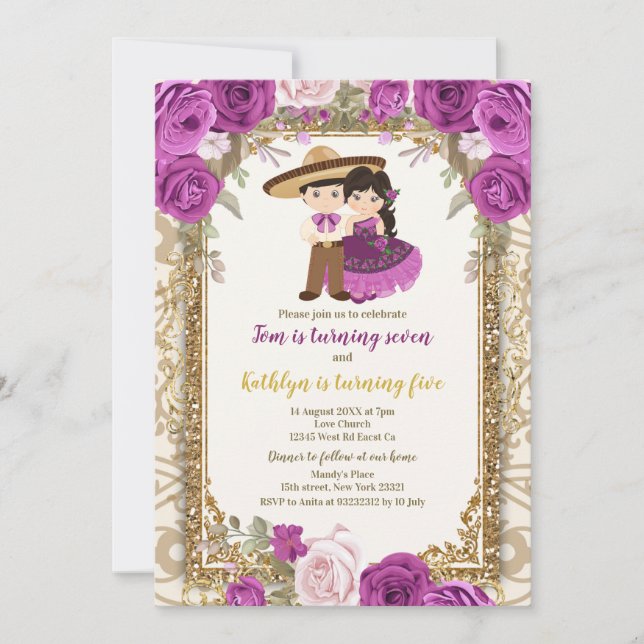 Girl and Boy Purple & Gold Birthday Invitation (Front)