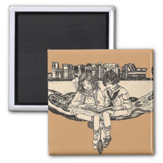 Girl and Boy Reading 2 Inch Square Magnet