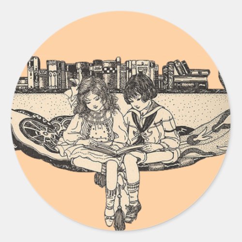 Girl and Boy Reading Classic Round Sticker