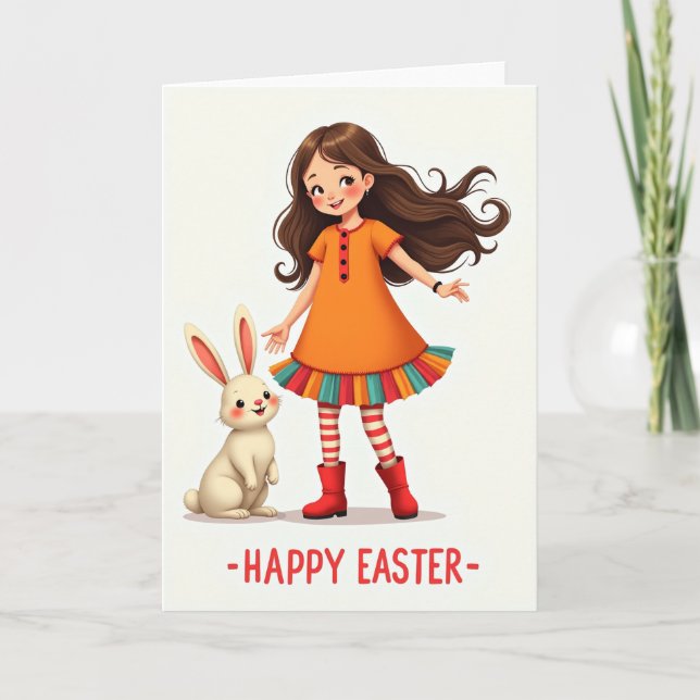 Girl And Bunny Friend Greeting Card (Front)