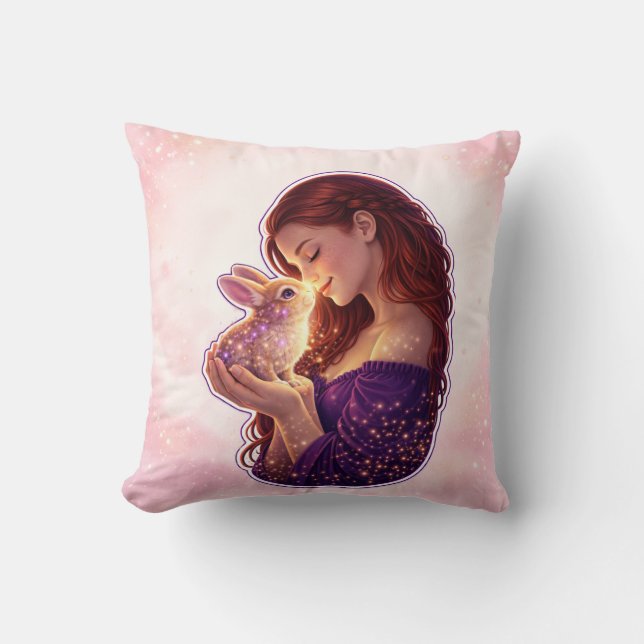 Girl and Bunny Love Throw Pillow (Front)