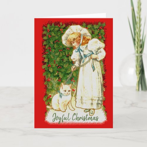 Girl And Cat Against Holly Card