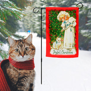 Girl And Cat Against Holly Garden Flag