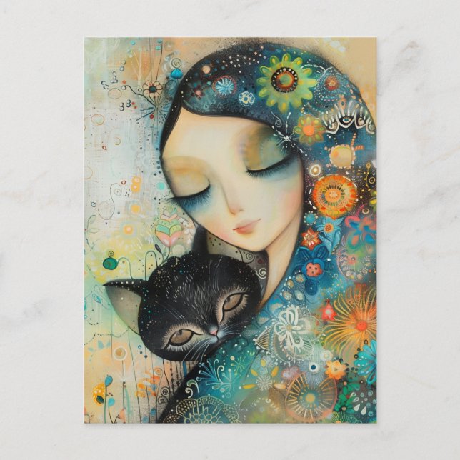 GIRL AND CAT ART JIGSAW PUZZLE POSTCARD (Front)