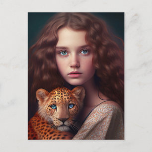 GIRL AND CAT baby tiger POSTCARD