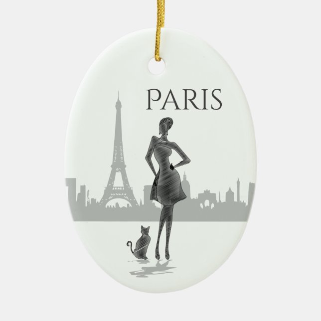 Girl and Cat in Paris with Eiffel Tower Christmas Ceramic Ornament (Front)