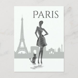 Girl and Cat in Paris with Eiffel Tower Grey Postcard