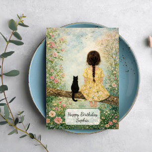 Girl and Cat in Spring Garden Card