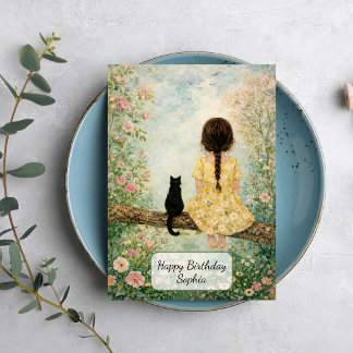 Girl and Cat in Spring Garden Card